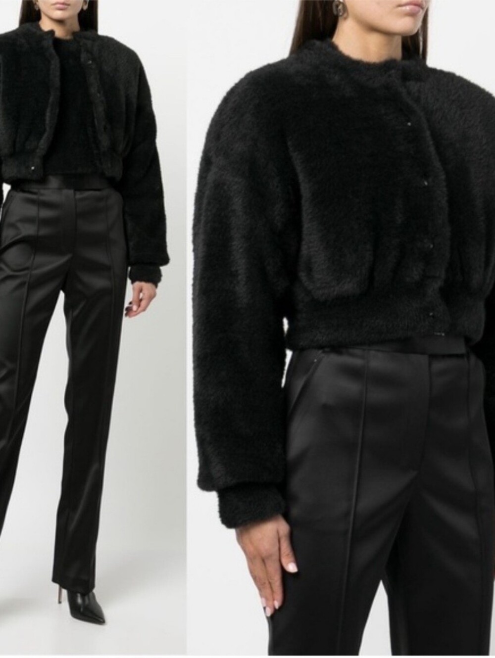 Alexander Wang Fuzzy Long Sleeve Crewneck Cardigan with Quilted Inside in Black